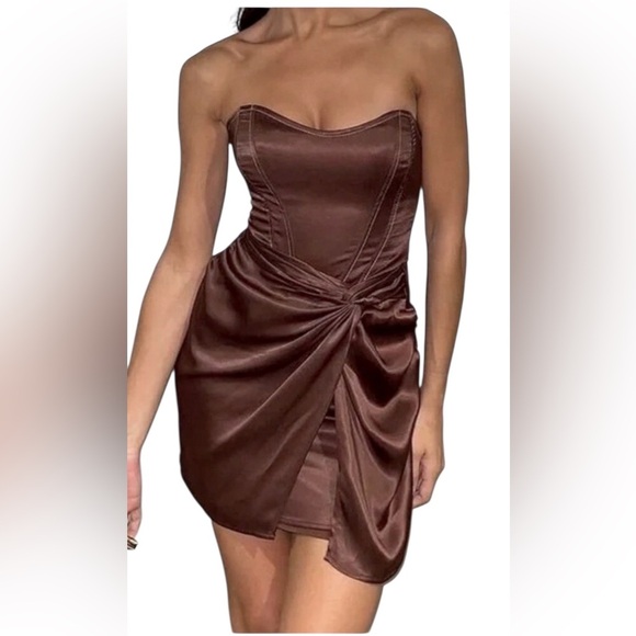 Zara Brown Satin Corset w/Mock Wrap Attached Skirt Sold Out Size Medium - Picture 1 of 13